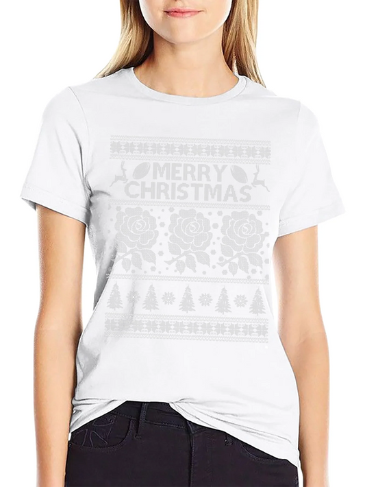 Merry Christmas Rose Pattern Black T-Shirt