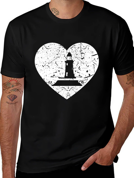 Lighthouse Heart Graphic Tee - Black Cotton T-Shirt